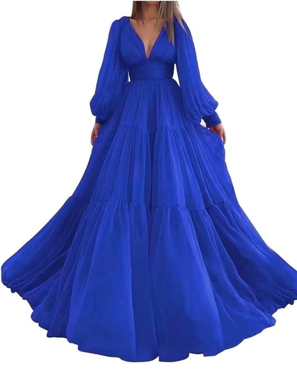 Elegant tiered formal empire waist Gown Royal blue chiffon Sz 12 Black tie Sheer